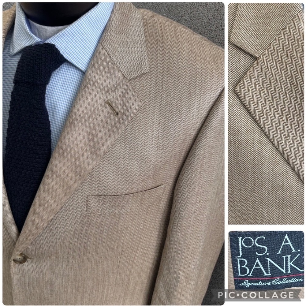 Jos A Bank Herringbone 42L Tan Blazer Silk Camel Sport Jacket Preppy Academia